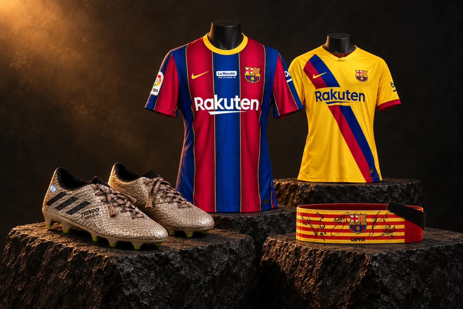 Runelis Elite presentation of four Barcelona-era collectibles on dark stone plinths
